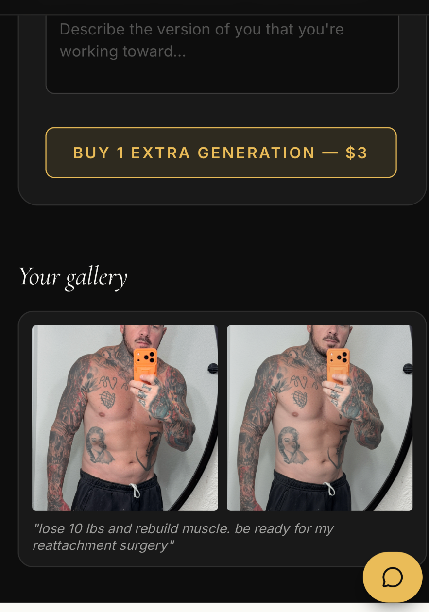 The Future You feature inside the Forget The Gym app: goal input, generation button, and a personal gallery.